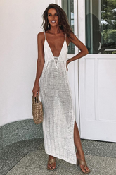 Deep V Neck Hollow Out Slim Fit Side Slit Knit Slip Maxi Dresses-White